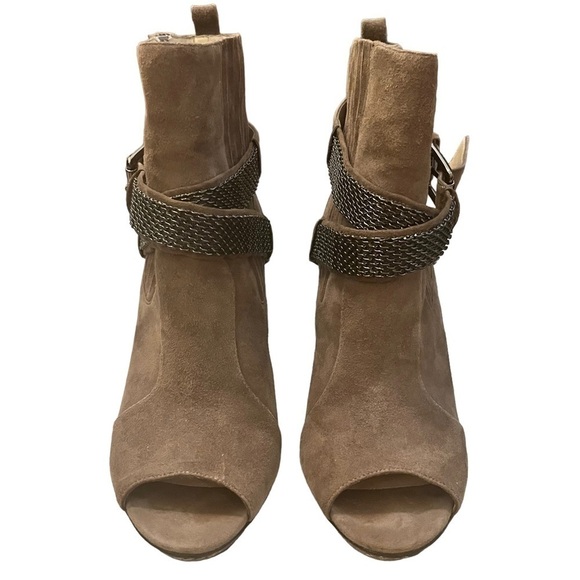 KORS Michael Kors Beige Suede Peep Toe Stiletto Ankle Boot with Metal Straps - Picture 1 of 16
